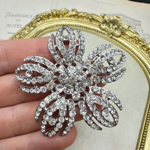 Vintage Silver Tone Rhinestone Flower Brooch Pin